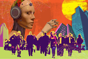 A group of people walking in a city Description automatically generated