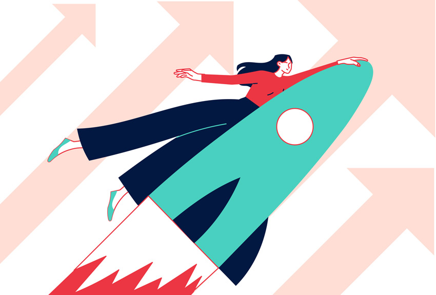 person holding on with one hand to a rocket with flames underneath it