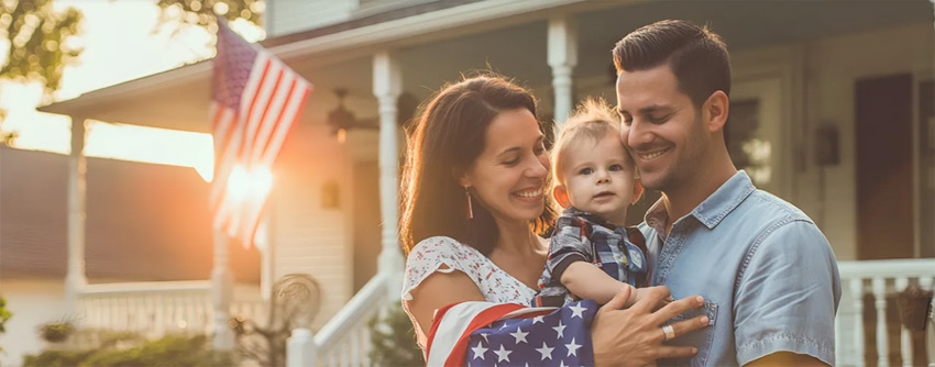 loving couple holds flag and toddler