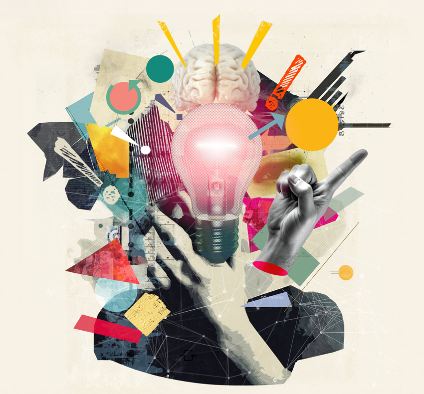 Mixed media image of lightbulb and brain signifying strategic thinking.