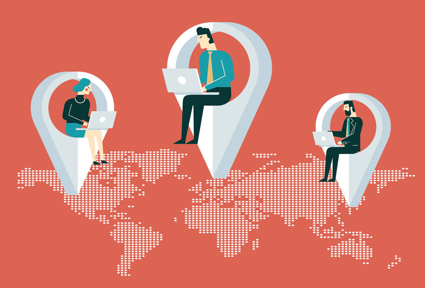 drawing of three workers using laptops while hovering over a map of the world