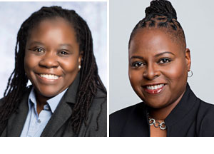 Head and shoulders photo of Shellye Sissoko smiling and wearing gray business suit and Head and shoulders photo of Michelle Goodman smiling and wearing dark business suit